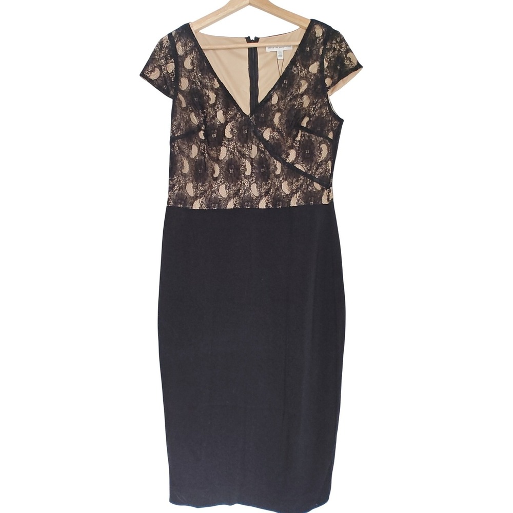 Dress The Population Jaleah‎ Bodycon Midi Sheath Pencil Black Multi Nude L New